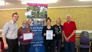 Professor James Chalmers University of Dundee, Maureen Downie Chairperson Arbroath COPD group, Mairi Gougeon MSP, Kath Byrne CHSS and Ian Baxter Chair Forfar Airways 